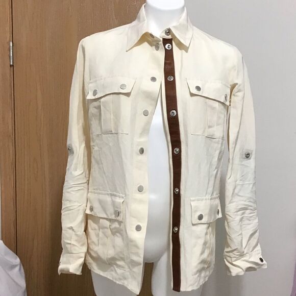 Michael Kors Beige Linen Silk Blend Leather Trim Utility Chore Jacket Size 8 - Picture 6 of 13